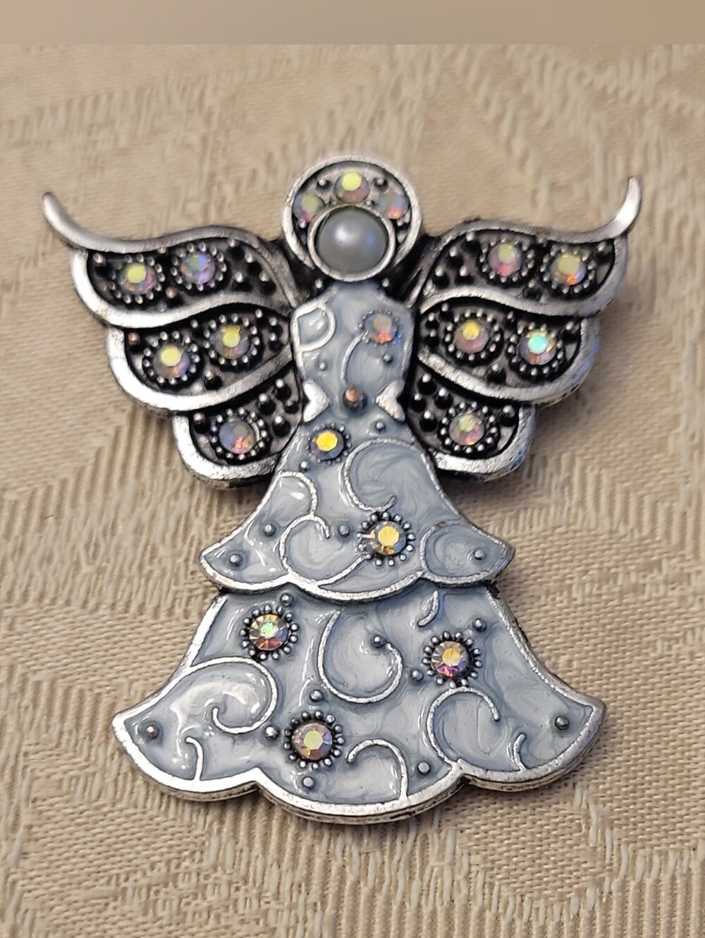 Pewter Tone Angel Brooch with Iridescent Accents - Women's Jewelry